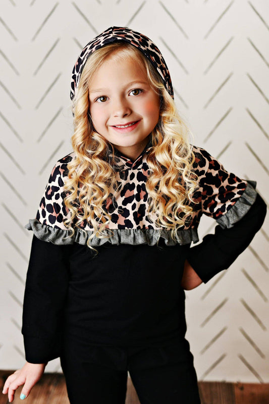 Kids Black Leopard Ruffle Hooded Sweatshirt Lounge Set