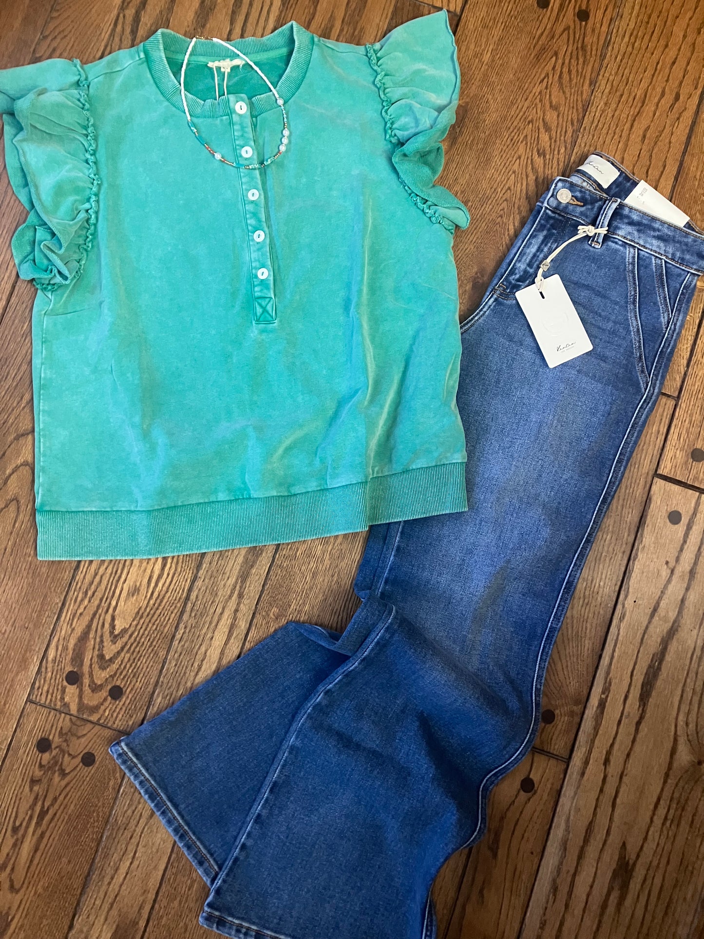 Flutter Sleeve Green Top with Jeans | Farm Wife Threads Women's Clothing