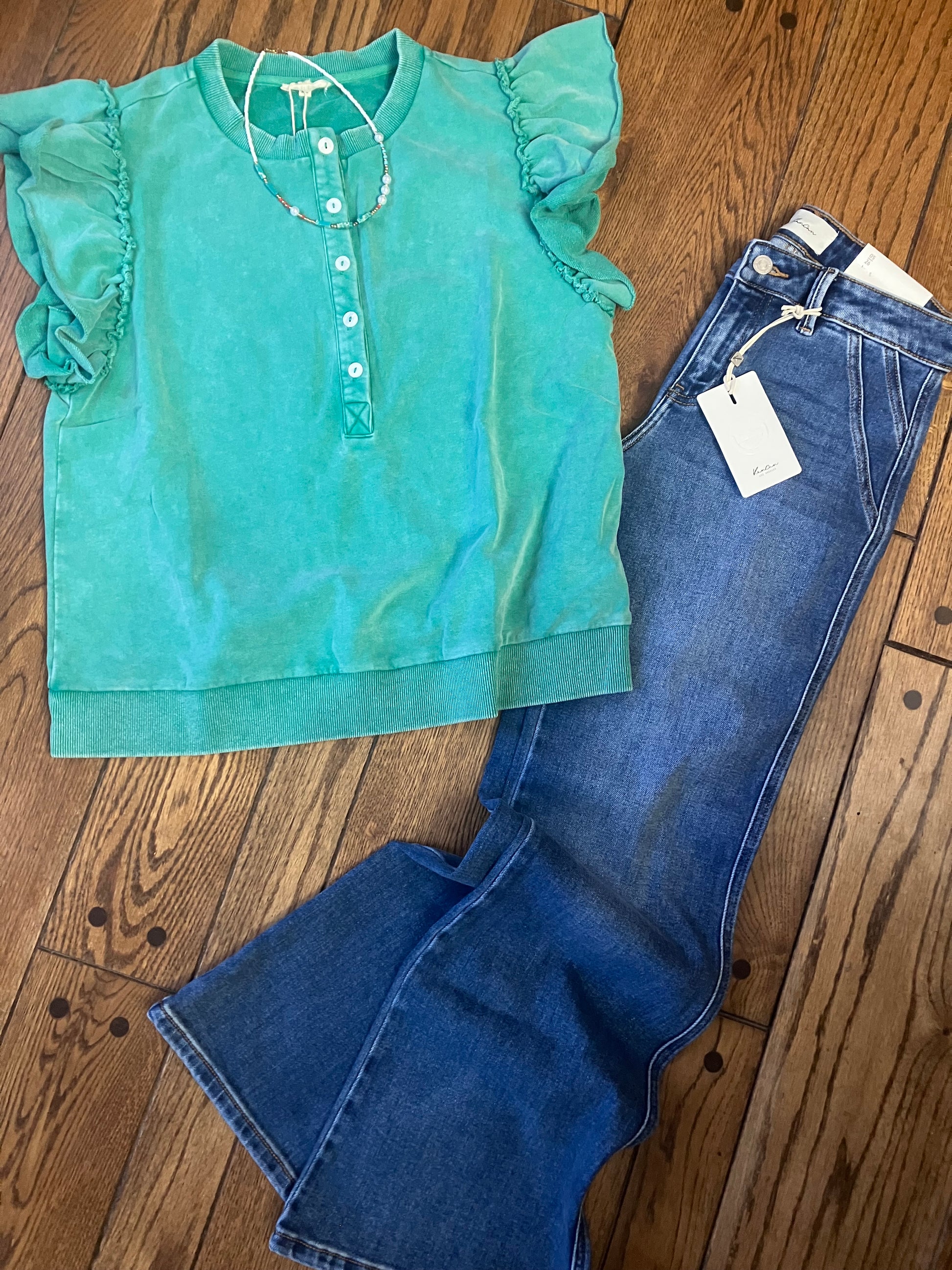 Flutter Sleeve Green Top with Jeans | Farm Wife Threads Women's Clothing
