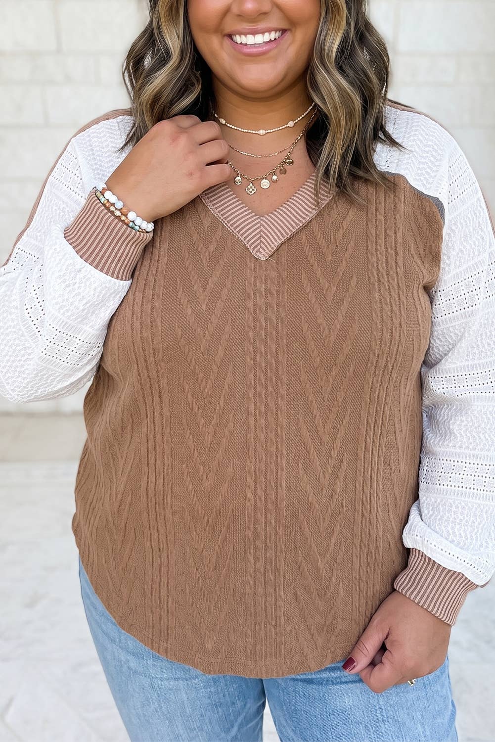V Neck Lace Sleeve Patchwork Plus