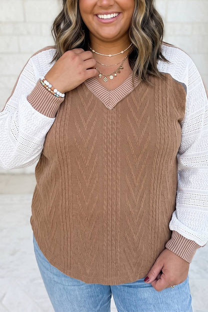 V Neck Lace Sleeve Patchwork Plus