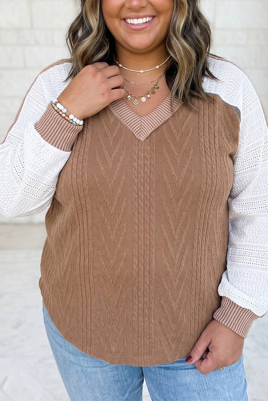 V Neck Lace Sleeve Patchwork Plus
