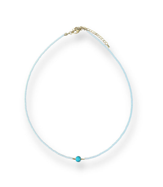 White Seed bead Necklace with Turquoise Accent