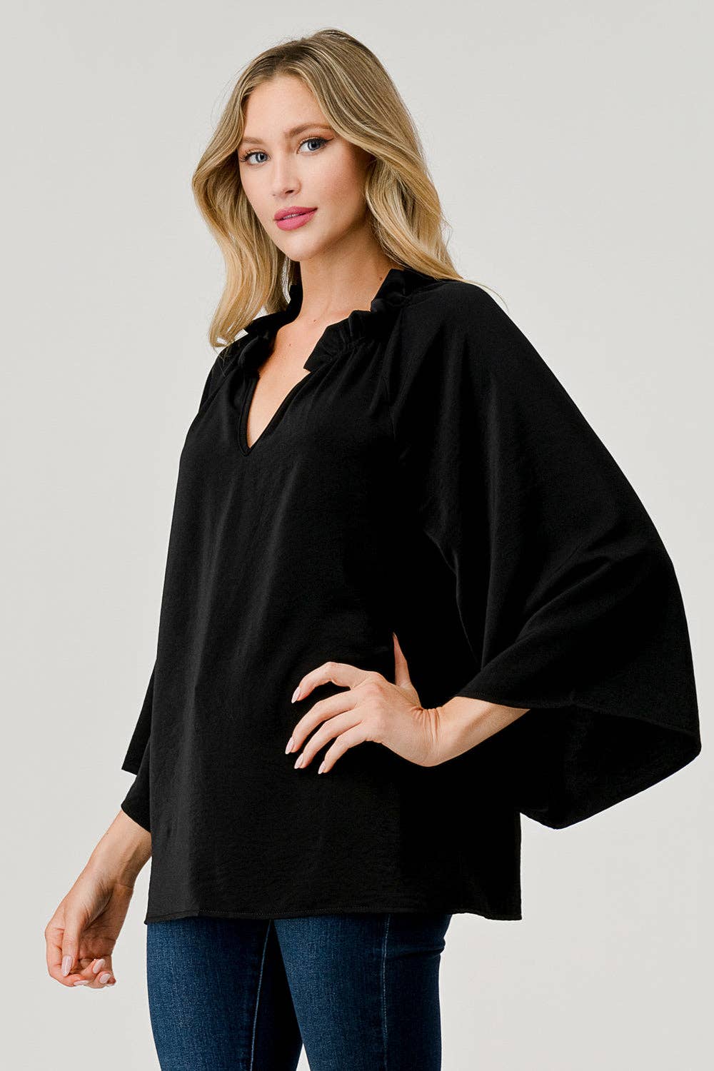 Lizzie Long Bell Sleeve Ruffle Neck Blouse PLUS