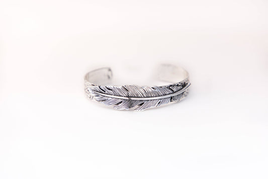 18K White Gold Plated Stamped Cuff with Feather Accent