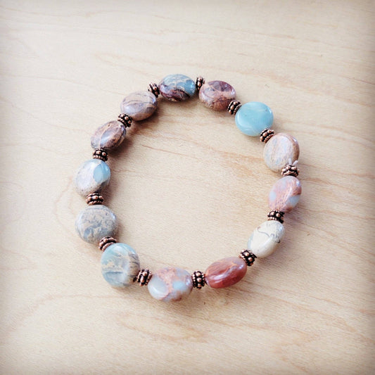 Genuine Aqua Terra Round Beaded Bracelet w/ Copper Accents