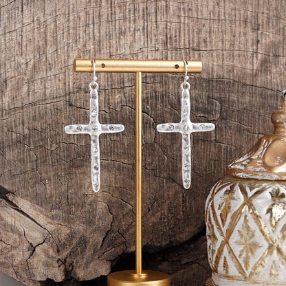 Hammered Cross Crystal Drop Earrings