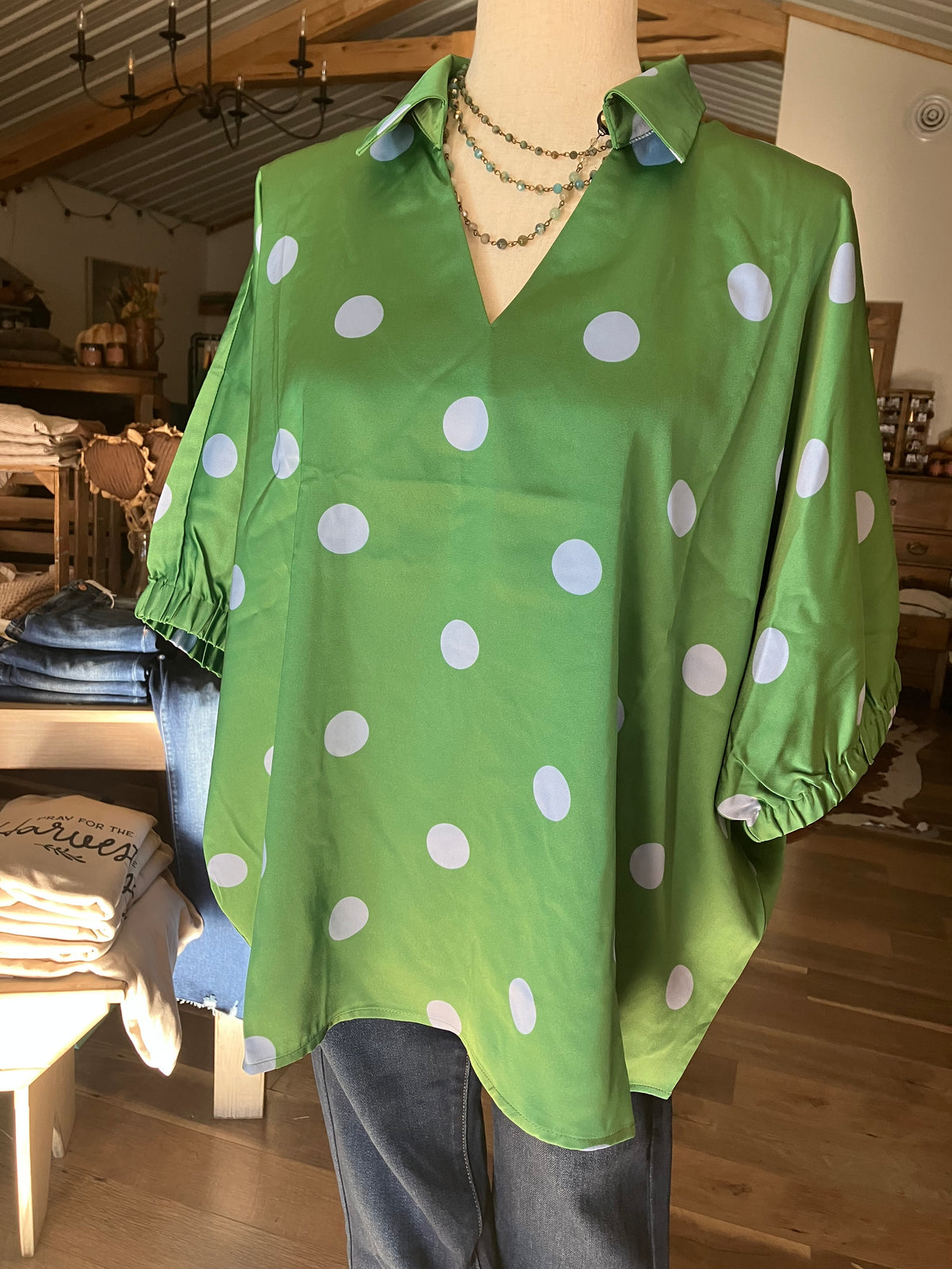 Green Polka Dot Satin V-Neck Top