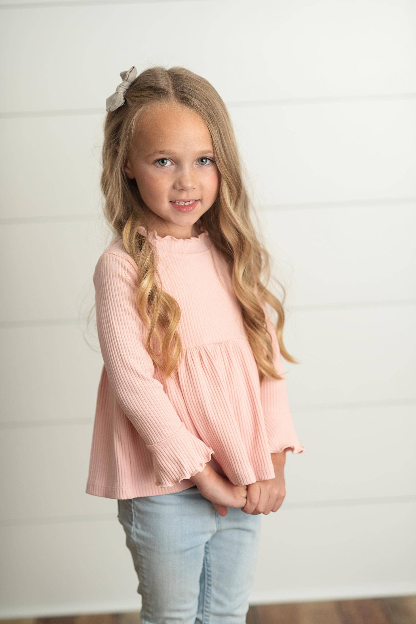 Girls Blush Pink Long Sleeve Lettuce Trim Ribbed Shirt