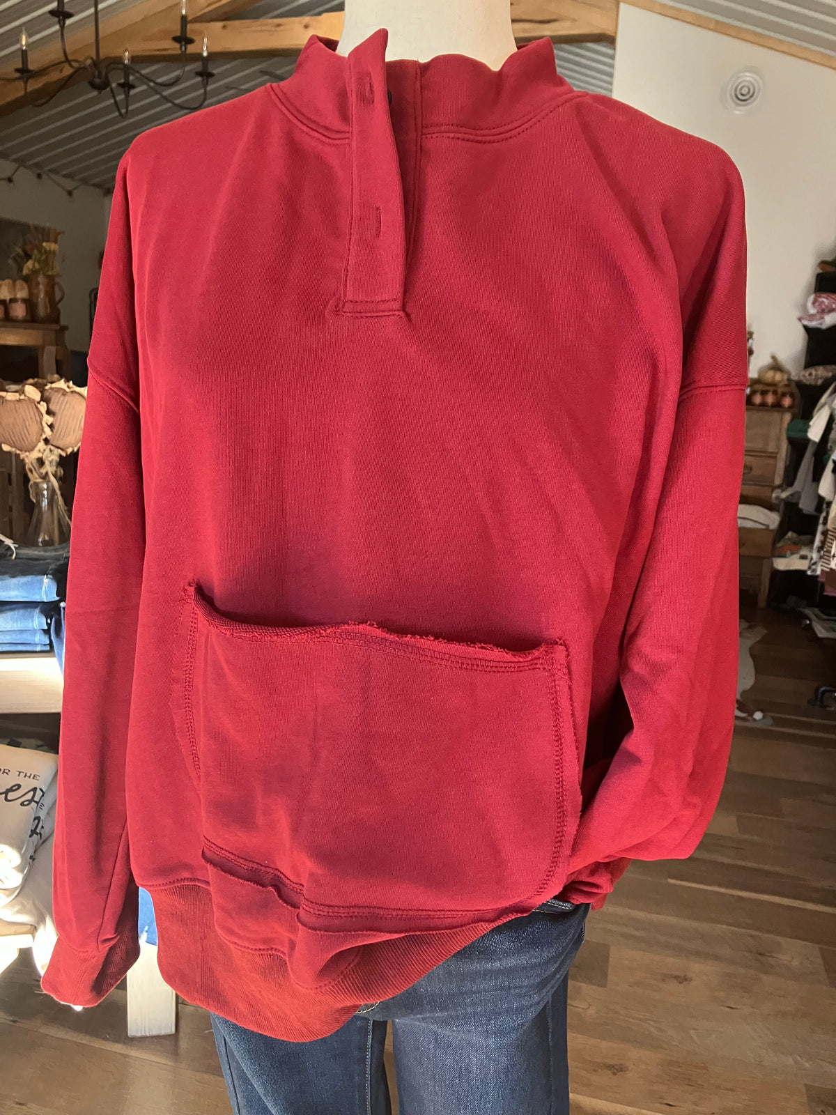 Scarlet Button-Up Sweatshirt with Front Pocket