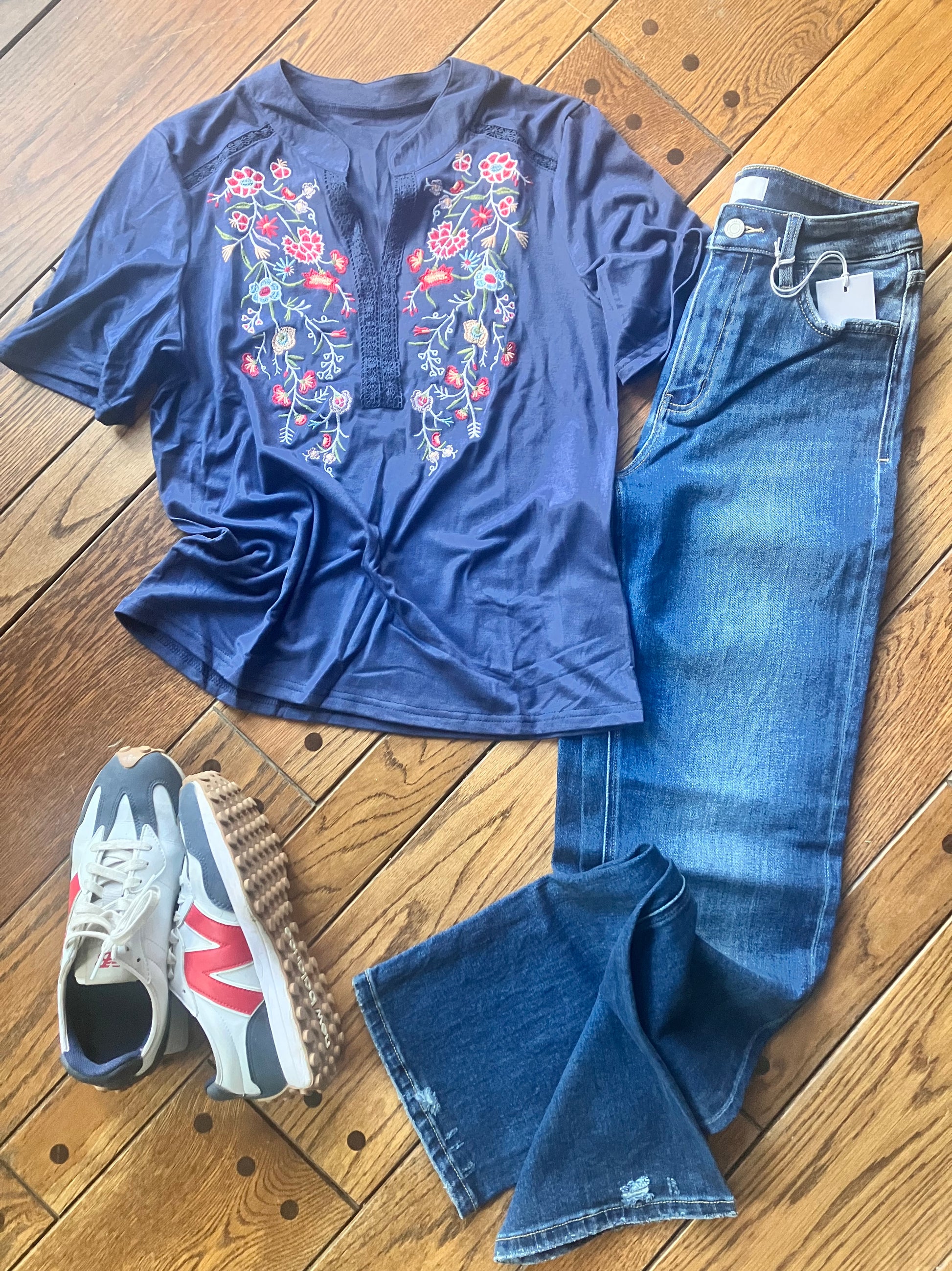 RANDEE embroidered boho floral lace top outfit with jeans and sneakers | Farm Wife Threads