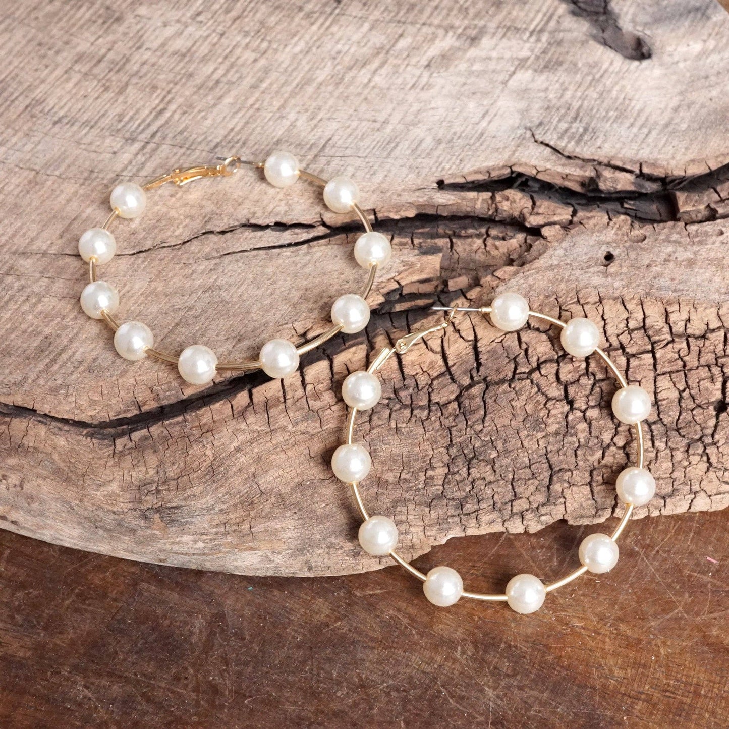 Large Golden Hoop Earrings with Pearls