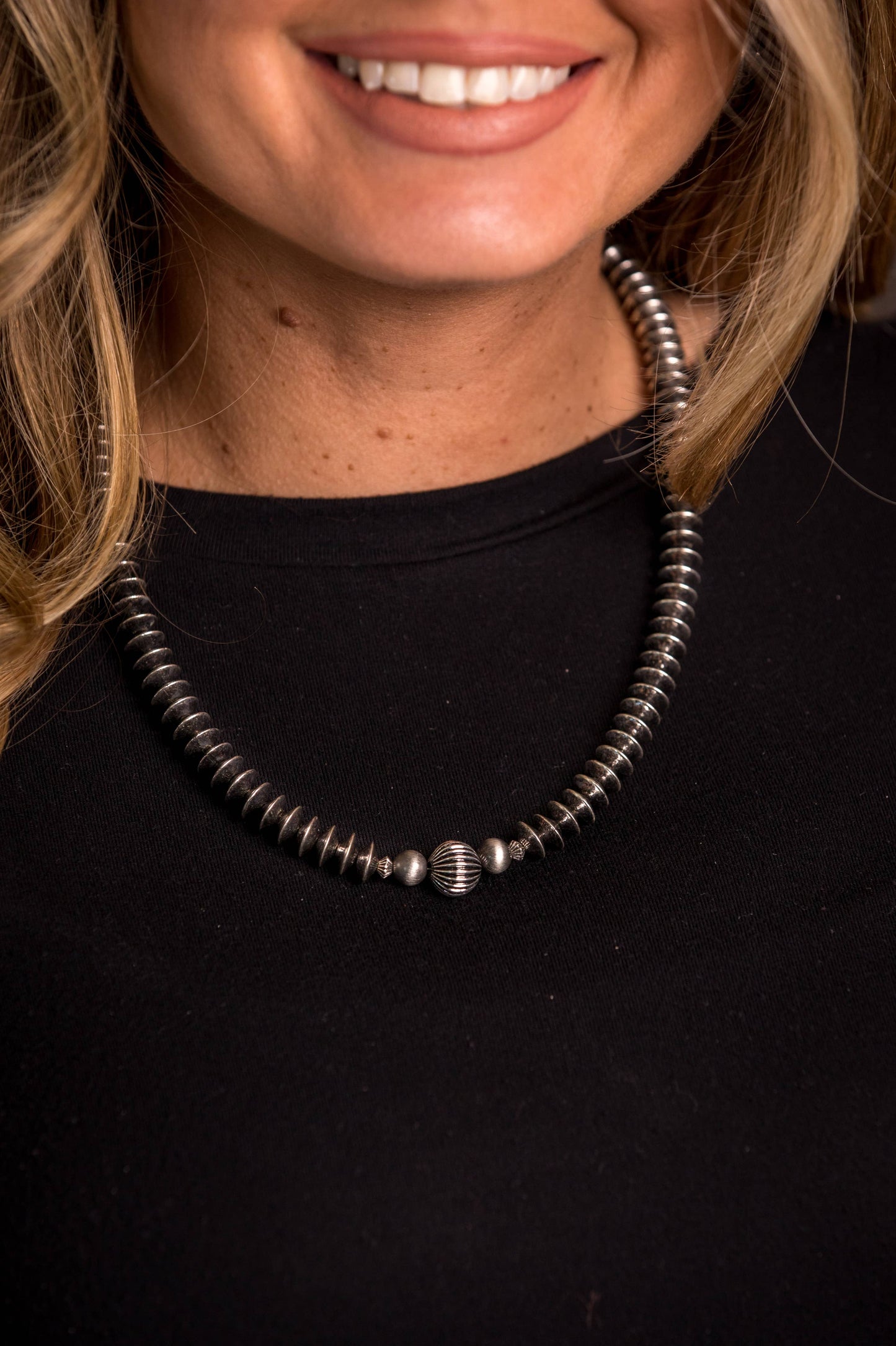 18" Silver Disc Beaded Necklace w/ Melon Accent