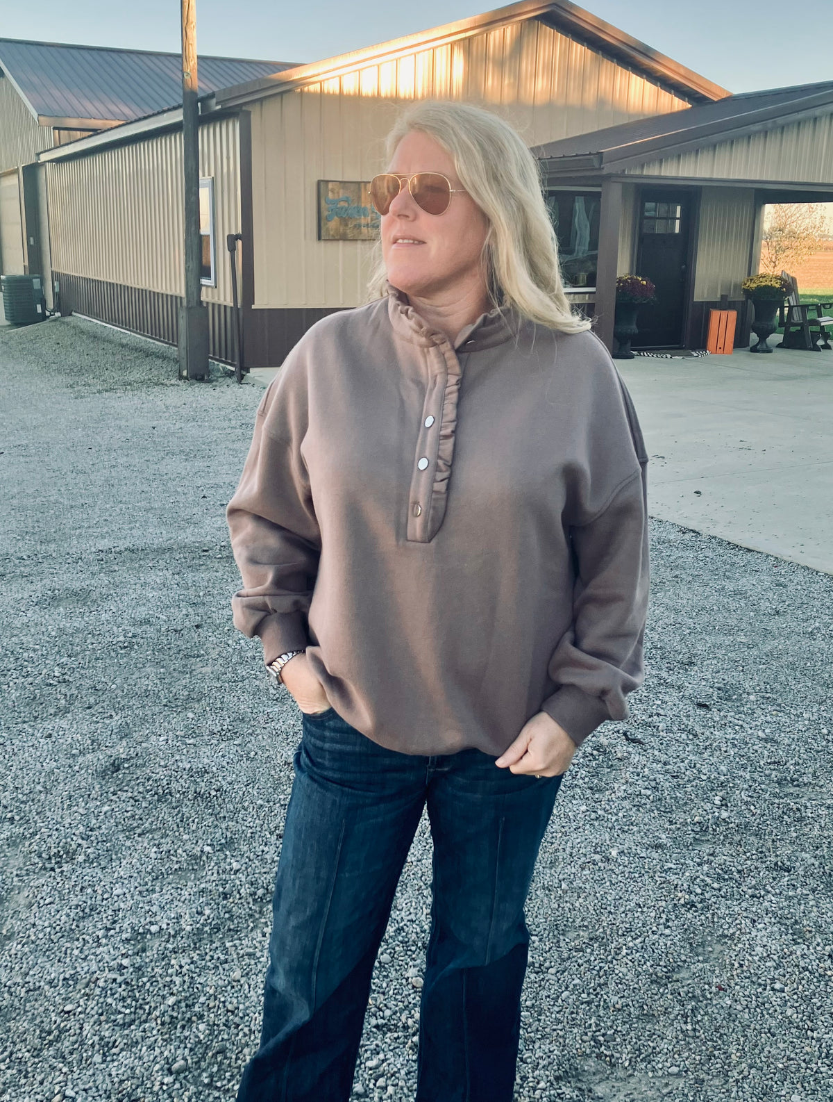 Women's Ruffled Mock-Neck Snap Henley Fleece Pullover