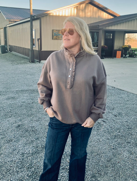 Women's Ruffled Mock-Neck Snap Henley Fleece Pullover