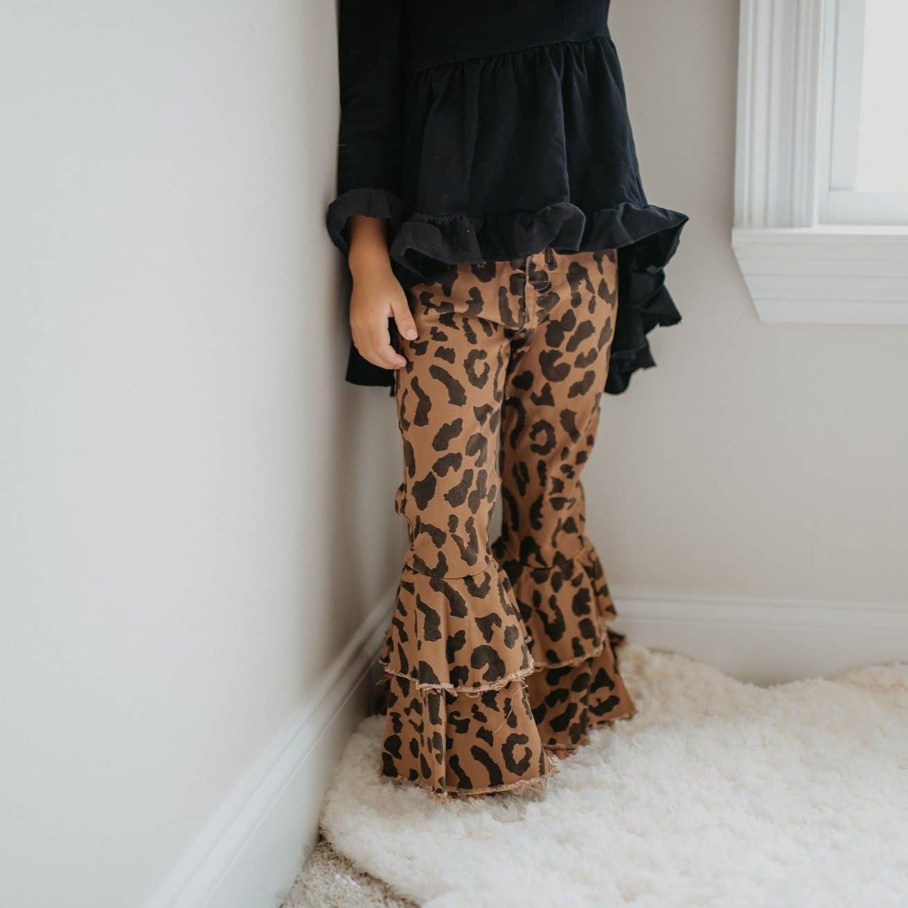 Girls Leopard Double Denim Ruffle Jeans