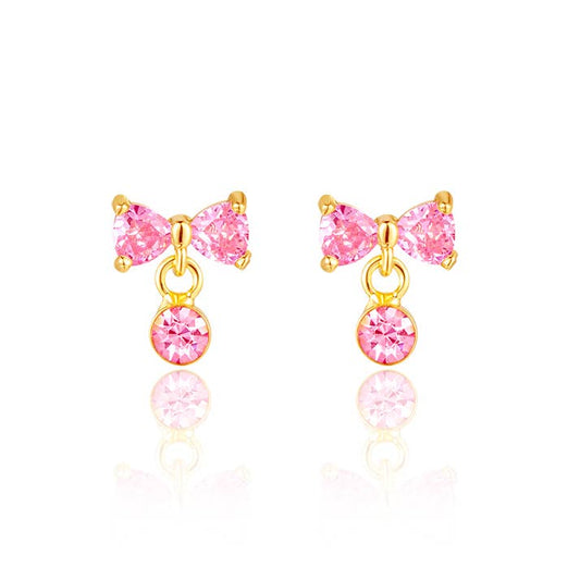 Girls Drop Earrings Bow with Pink Cubic Zirconia