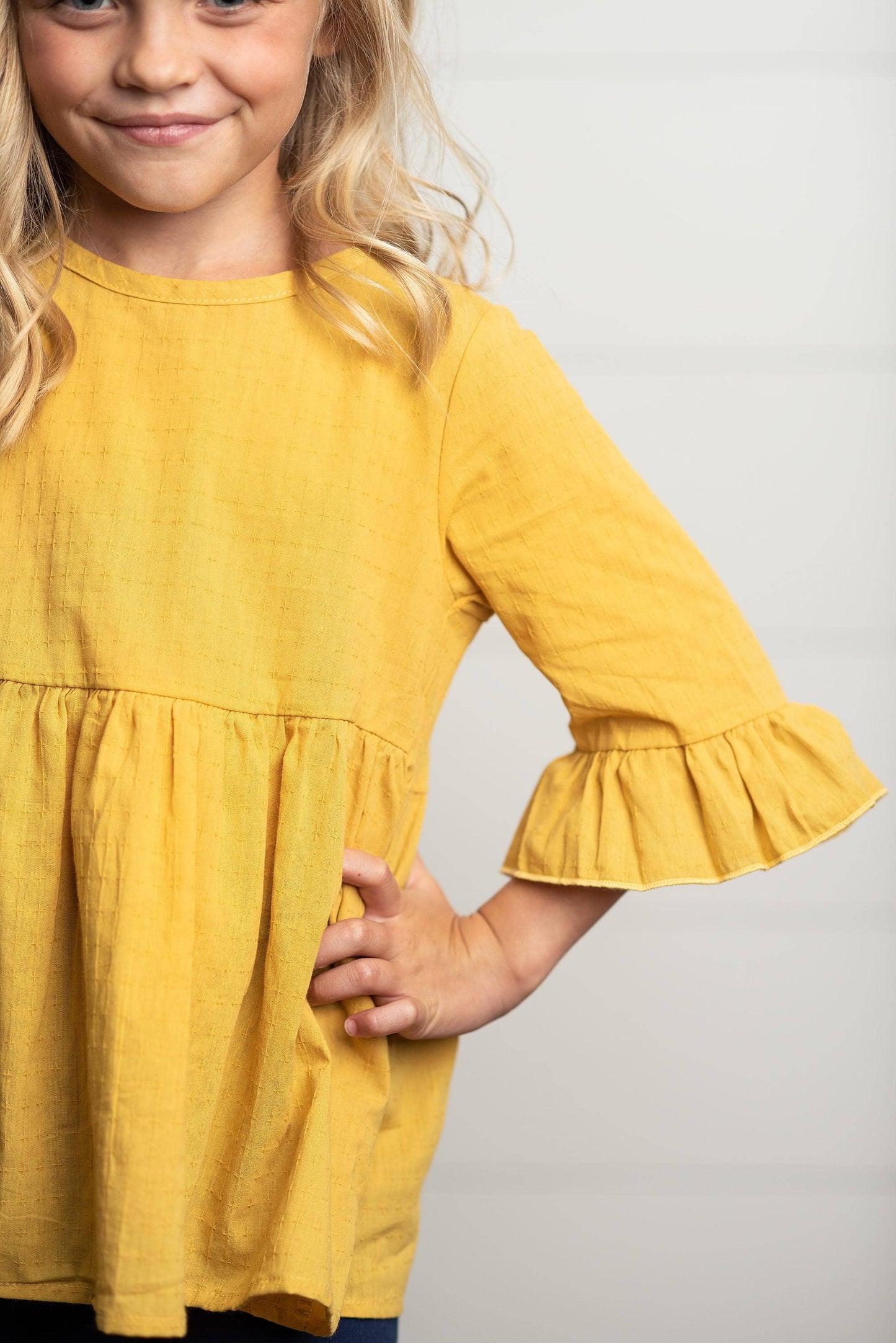 Girls Mustard Ruffle Long Sleeve Shirt With Buttons