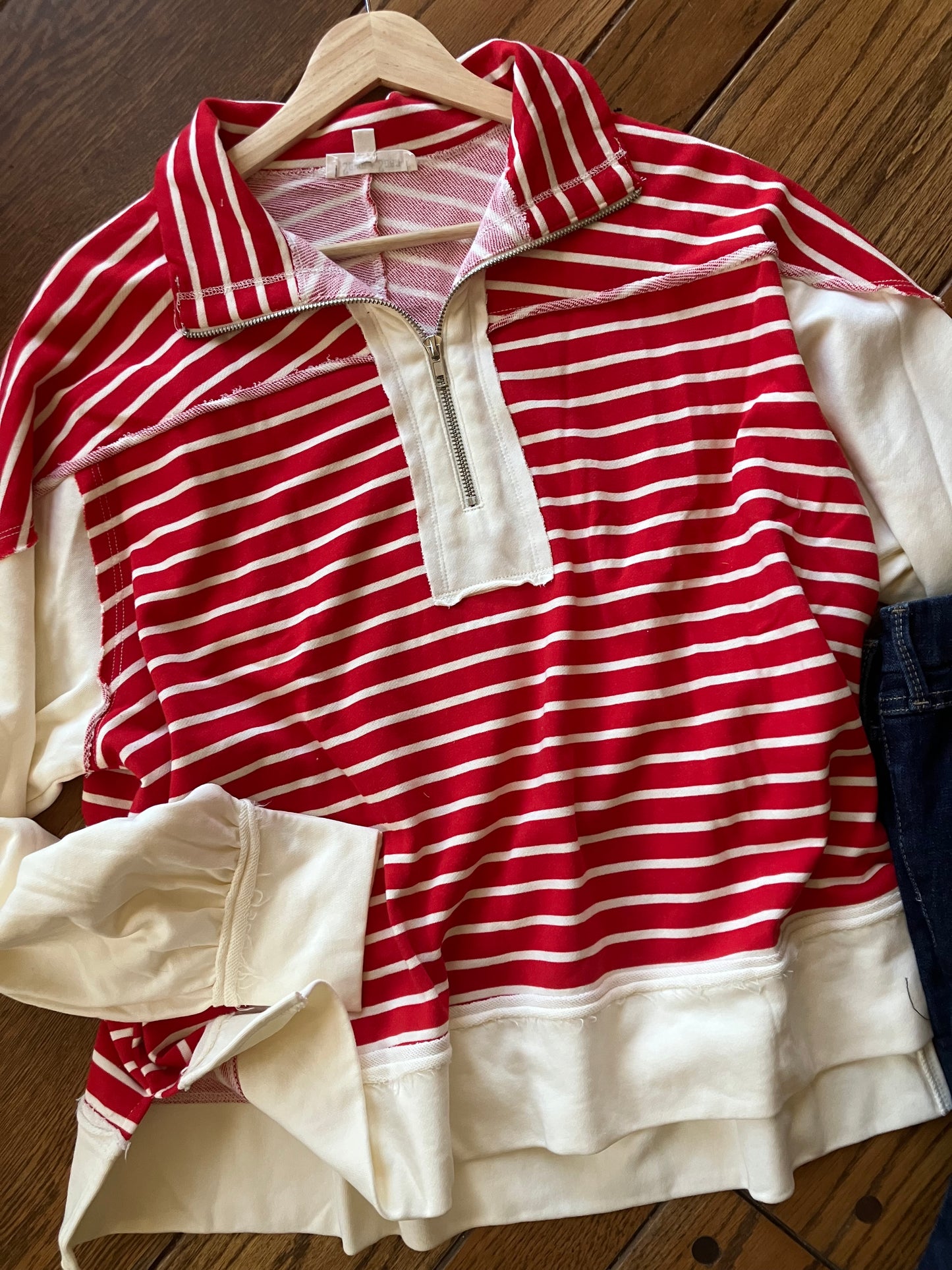 Half Zip Up Stripe Mixed Sweatshirt
