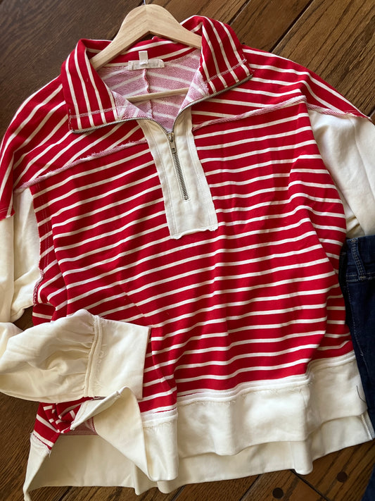 Half Zip Up Stripe Mixed Sweatshirt