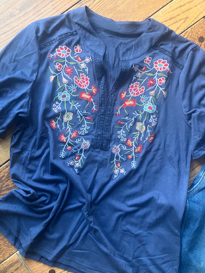 Blue embroidered floral lace summer top from Farm Wife Threads
