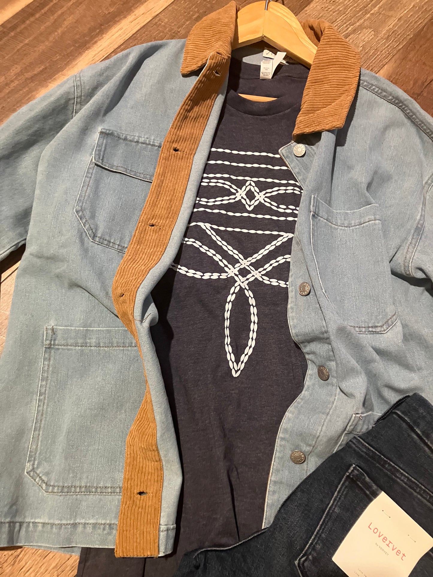 Washed Denim Barn Jacket with Corduroy Collar - Farm Wife Threads - Women's Fashion