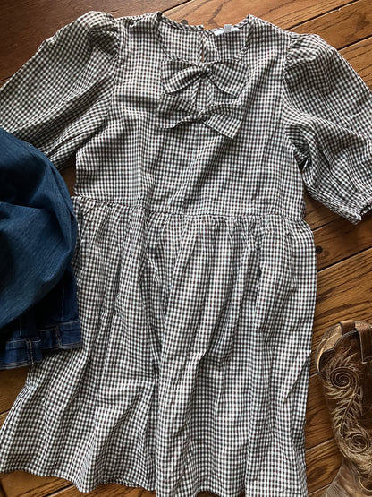 Gingham Check Front Bow Detail Mini Dress