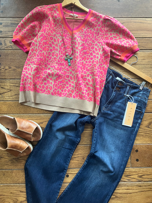 Leopard Print Puff Sleeve Sweater Top