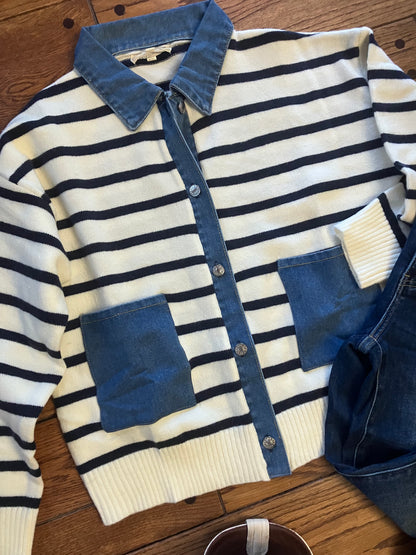 CALLI Striped Denim Sweater Cardigan - Farm Wife Threads: Collared, Button Down, Long Sleeve with Pockets