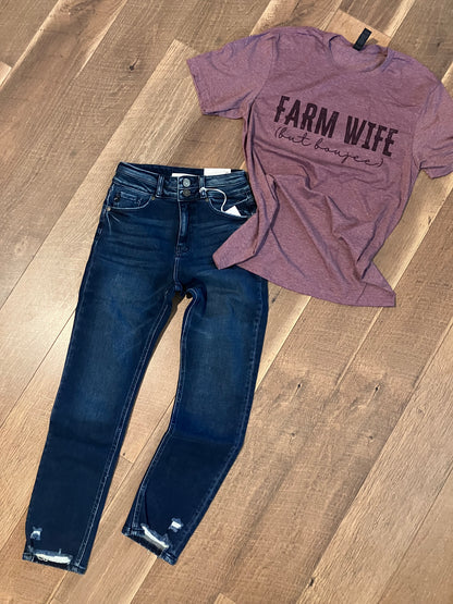 Farm Wife Threads: Dark Wash Slim Straight Jeans - High Rise, Distressed Hem, Kan Can Denim