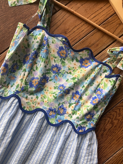 Blue Bell Dress by Farm Wife Threads: Floral print bodice, striped skirt, scalloped neckline & binding.
