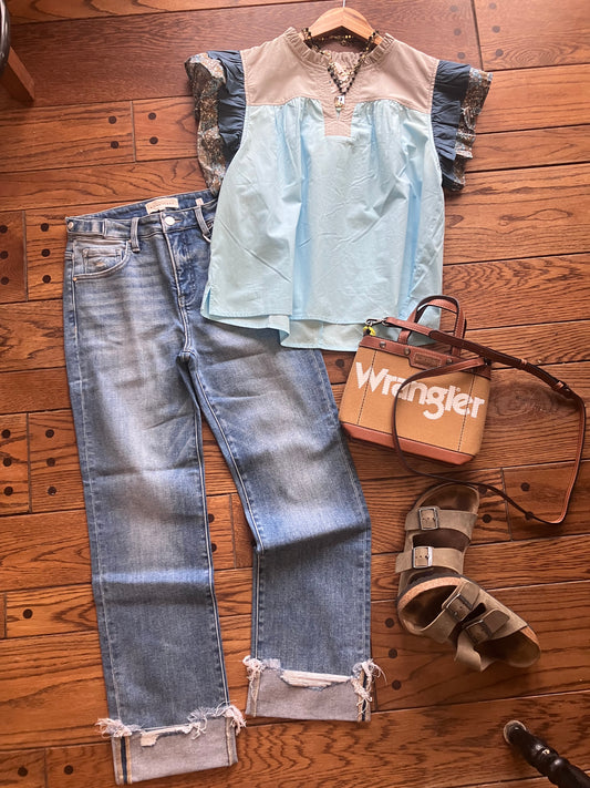 Tummy Control High Rise Crop Straight Cuffed Jeans