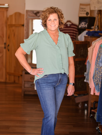 MINT SKY solid mint green V-neck top with smocked short sleeves from Farm Wife Threads.