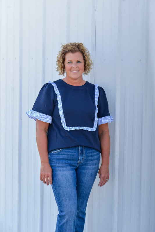 Striped Ruffle Detail Quilted Knit Top