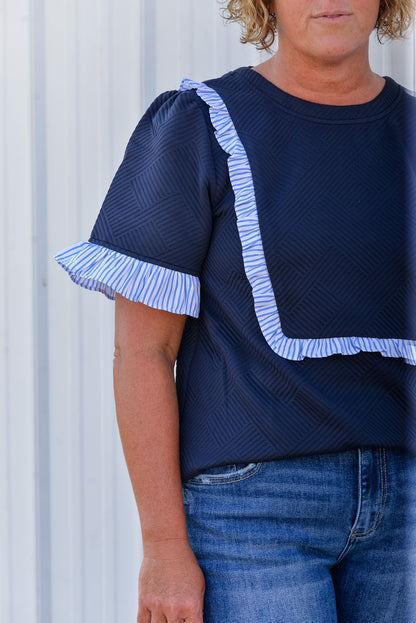 Striped Ruffle Detail Quilted Knit Top