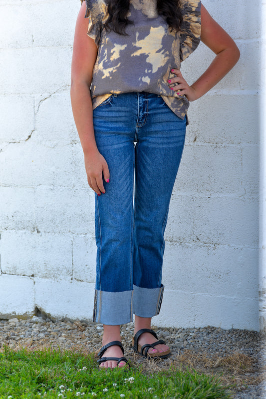 Mid Rise Crop Straight Denim Cuffed