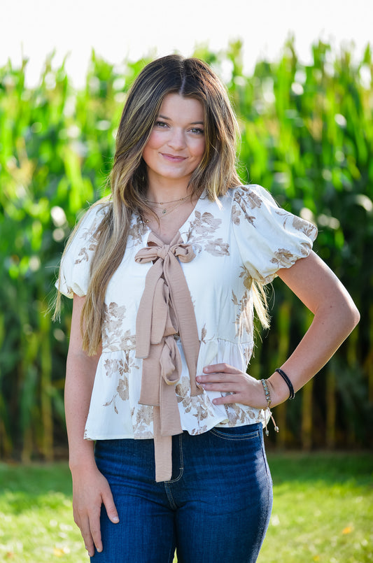 Vintage Floral Printed Short Sleeve Blouse with Ribbon Detail