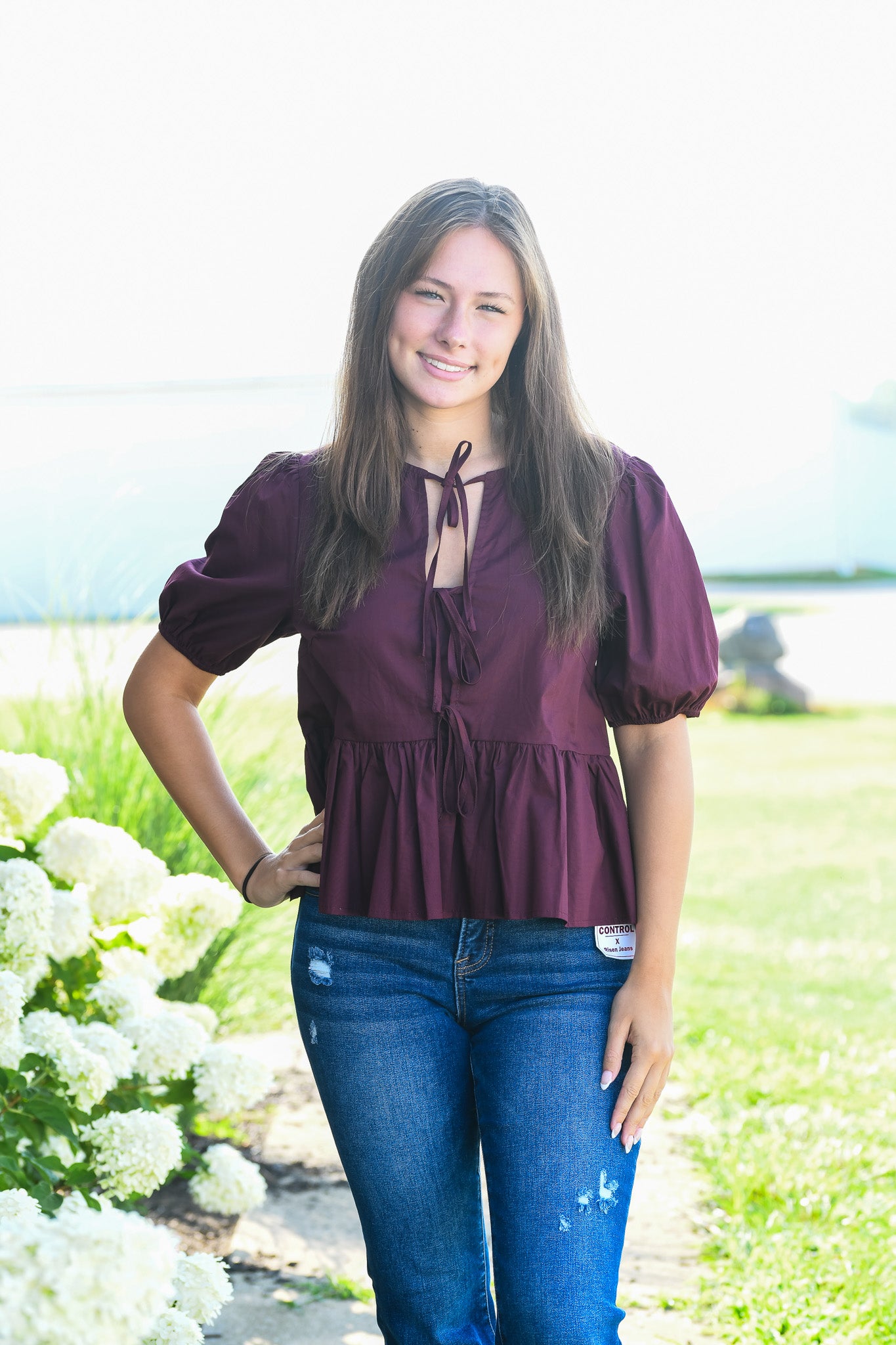 Front ties puff sleeve in wine