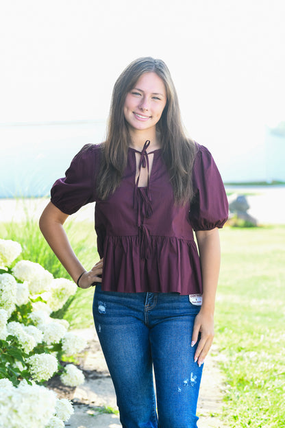 Front ties puff sleeve in wine