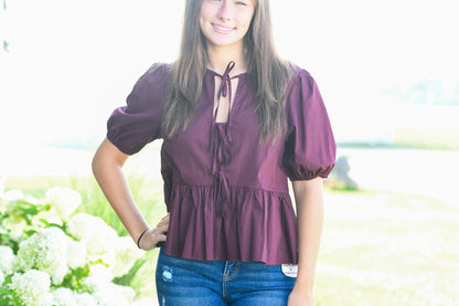 Front ties puff sleeve in wine
