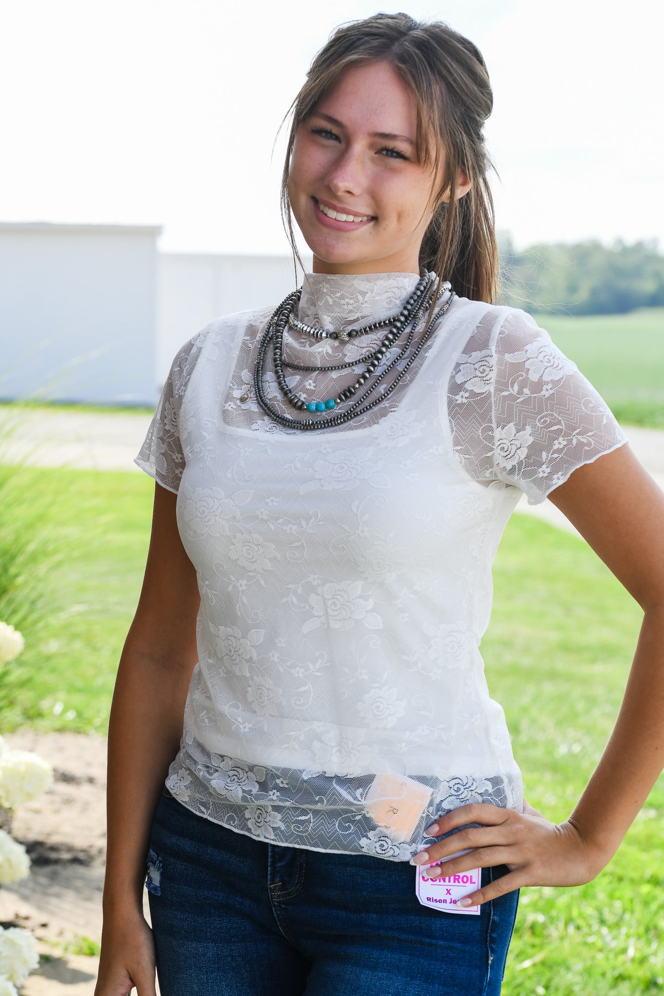 Sheer Lace Mock Neck Tee