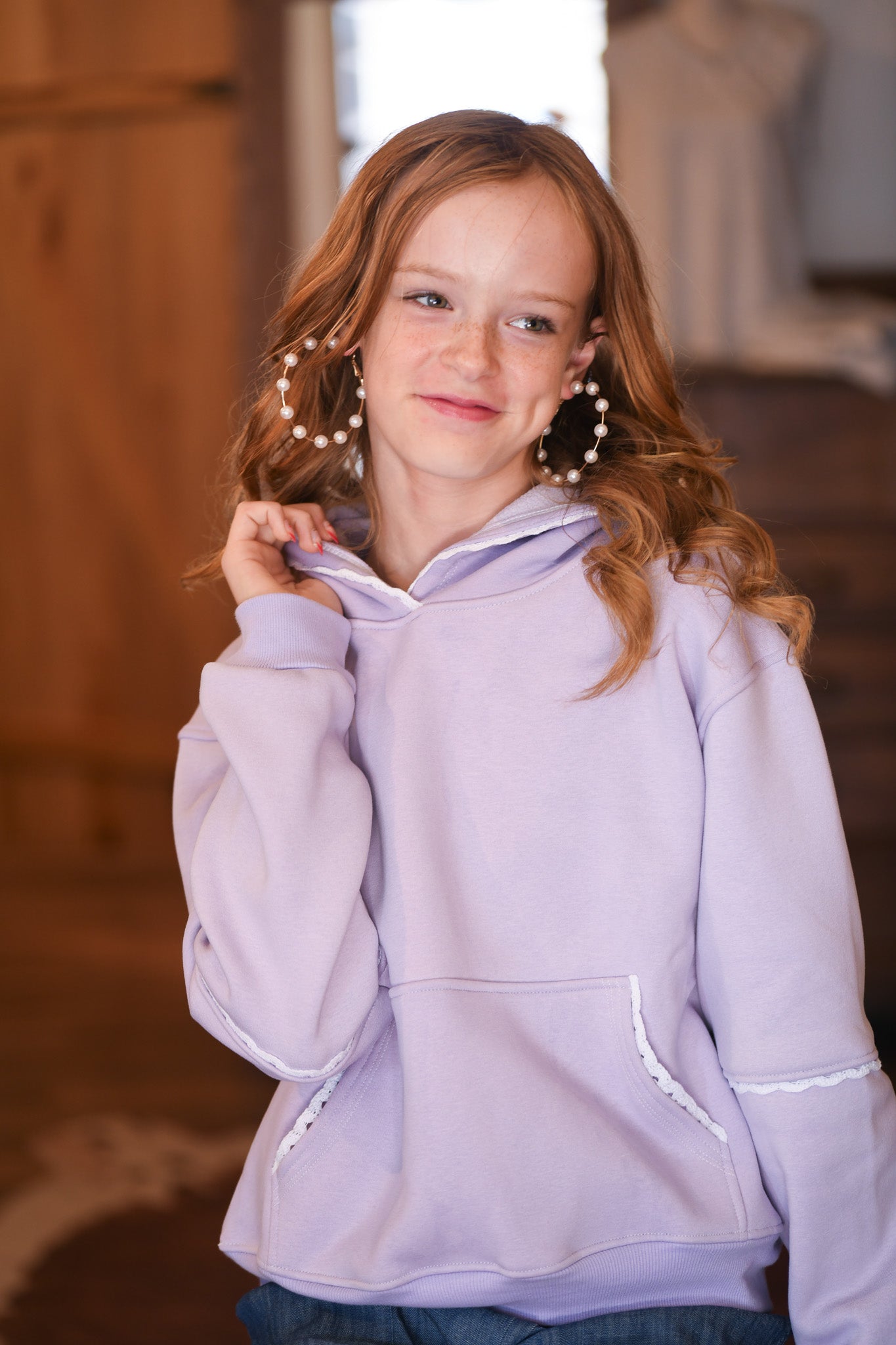 Girls Lilac Pullover Hoodie with Crochet trim