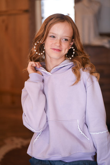 Girls Lilac Pullover Hoodie with Crochet trim