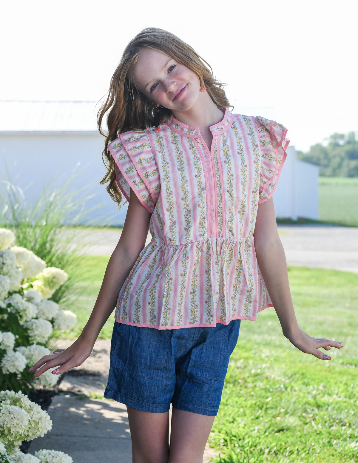 Girls Floral Striped Ruffle