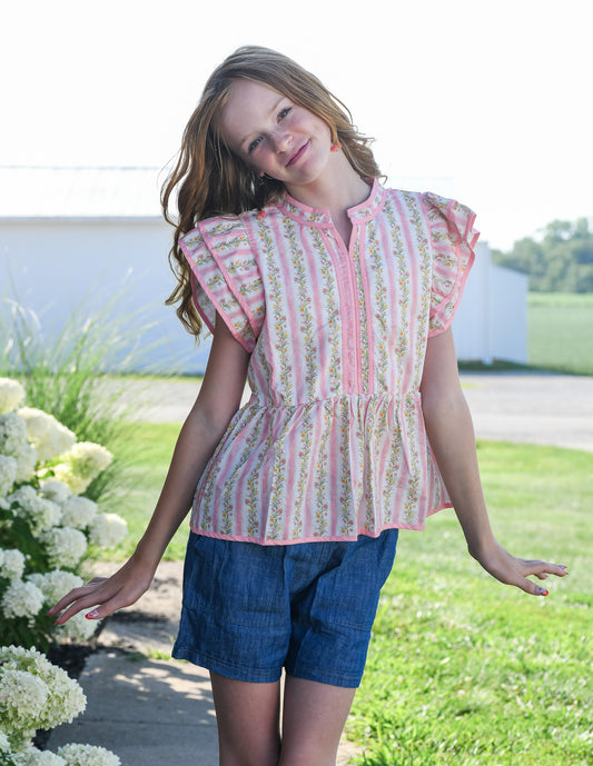 Girls Floral Striped Ruffle