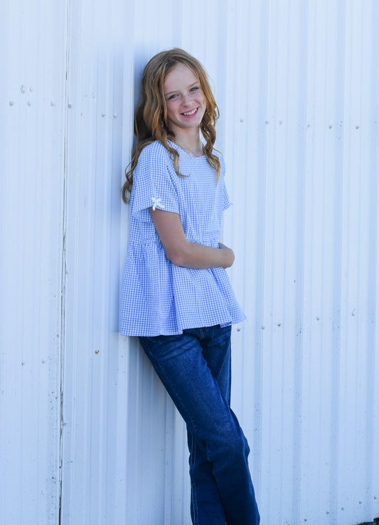 Girls Ribbon Gingham Babydoll Top