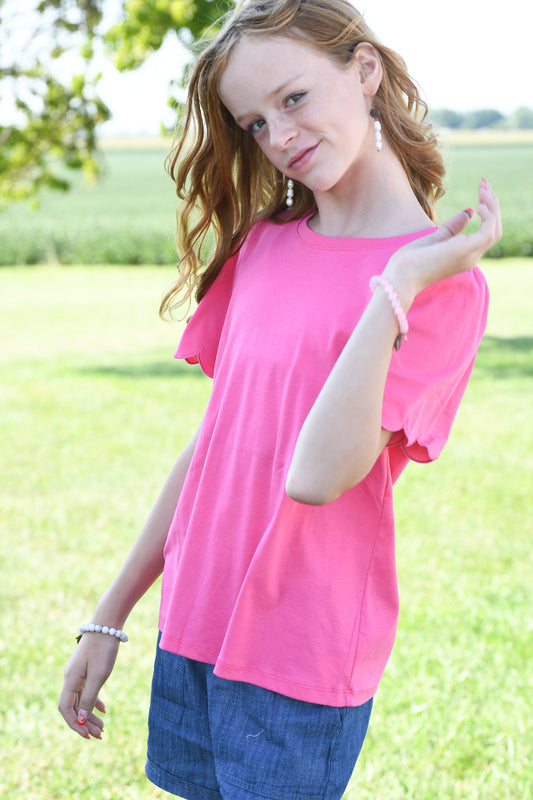 Girls Scallop Sleeve Pink Top