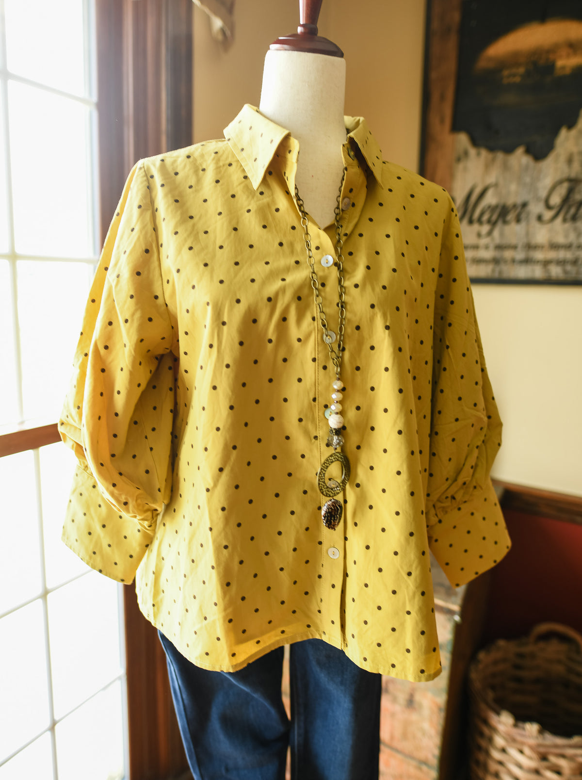 Mustard Polka Dot Bishop Sleeve Button-Down Top