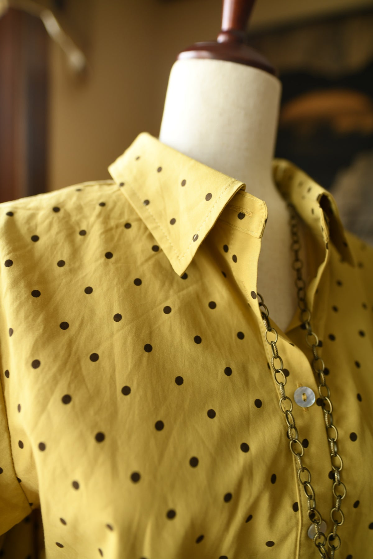 Mustard Polka Dot Bishop Sleeve Button-Down Top