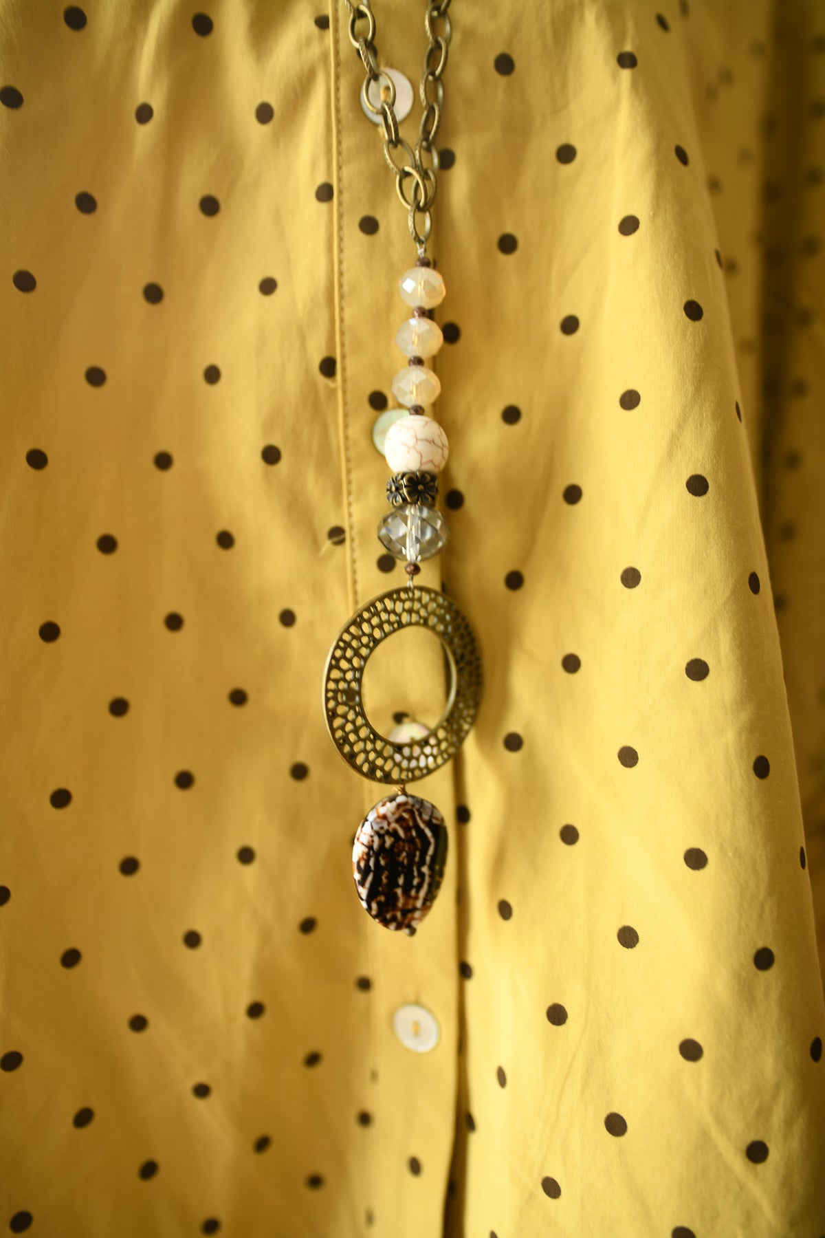 Mustard Polka Dot Bishop Sleeve Button-Down Top